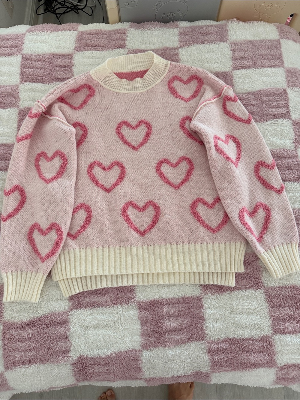 Pink Heart-Print Crewneck Sweater - Unbranded